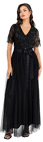 Maya Deluxe Damen Womens Maxi Dress Ladies Ball Gown for Wedding Guest Embellished Tie Waist V Neck Bridesmaid Prom Evening Occasion Kleid (1er Pack)