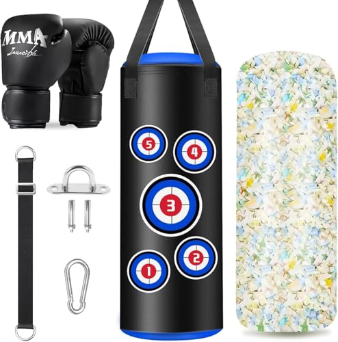 JUOIFIP Boxsack Kinder inkl. Boxhandschuhe, Boxsack Hängend Gefüllt ab 5-14 Jahre, Microfiber Leder Schwere Tasche für das Training Kickboxen Fitness MMA Grappling Muay Thai