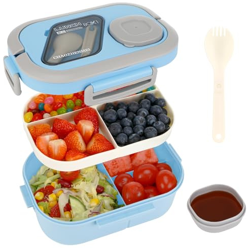 Kasanni Lunch Box with Compartments, Lunchbox, Behälter für Mittagessen und Salat, Bento-Box mit Löffel, Vesperdose, Pausenbrot, für Erwachsene & Kinder, BPA-Frei (Blau)