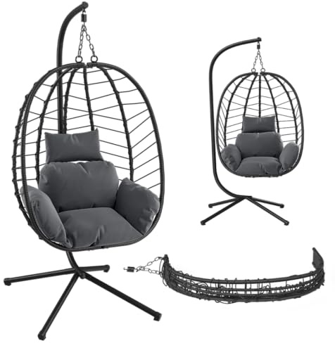 STEELSØN Alarian Hängesessel mit Gestell – Hängestuhl Rattan Outdoor & Indoor mit Kissen – Hängekorb Schwarz höhenverstellbar – Gartenschaukel für Erwachsene & Kinder – Hanging chair faltbar bis 150kg