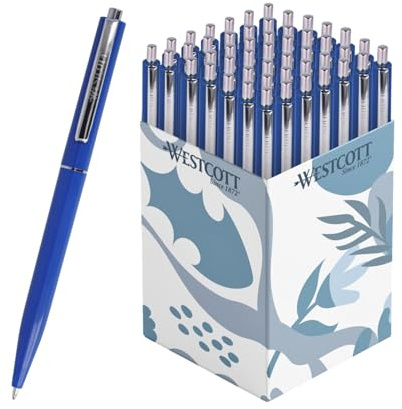 Westcott Kugelschreiber ALLTIME Blau 50 Stück | Vorteilspack Druckkugelschreiber mit blauer Tinte | Strichstärke M mit X20 Standardmine | Dokumentenecht ISO 12757-2 | Stabiler Metallclip | E-737456 00
