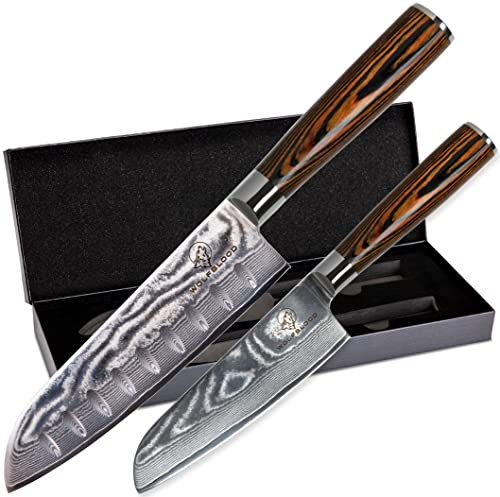 Wolfblood 2er Santoku Damastmesser Set XL 30/24 cm | 67 Lagen Damaststahl | 62±2 HRC TÜV-geprüfter, optimierter VG-10 Stahl | Damast Küchenmesser Set | Santokumesser, Klingenschutz & Geschenkbox