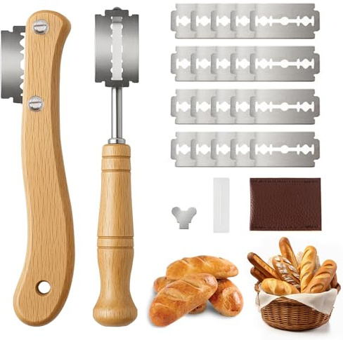 Bäckermesser 2er Set - 20 Ersatzklingen - Teigmesser Set für Gerade und Geschwungene Schnitte, Brotmesser zum Einschneiden von Baguette, Brötch, Brot Backen Zubehör für DIY Brotteig Muster