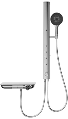 HOROW RainFlexi S2 Duschsystem mit Thermostat Duschablage | Duschpaneel Klappbaren Regendusche mit Armatur Verbrühschutz, Höhenverstellbares, für Höhere Etagen Chrom / Grau