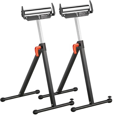 VEVOR 2er-Set Rollenständer, 113kg Tragkraft, höhenverstellbar 68-109cm, klappbarer Arbeitsbock mit Rollenkopf und Kantenführungen aus poliertem Stahl, für Tischkreissägen-Auslauf, Verlängerungsstütze