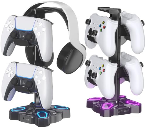 KDD Gaming Headset Halterung LED, Controller Halter mit USB Typ-C Ladegerät | Universal Kopfhörer Halter mit 9 Lichtmodi, Drehbare Headset Ständer mit 3,5mm AUX für Alle Kopfhörer PS4 Xbox(Schwarz)