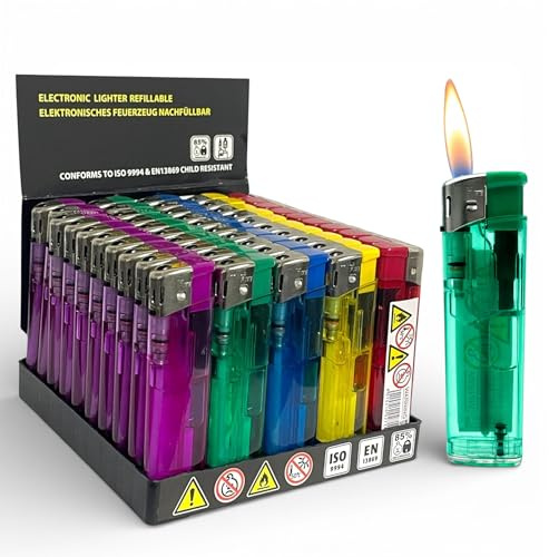 Clearfee 50er Display Elektronik Feuerzeuge nachfüllbar, transparent, 5 Farben gemischt, mit Gas befüllt, Flamme stufenlos regulierbar, Piezzozündung, Gasfeuerzeug Set
