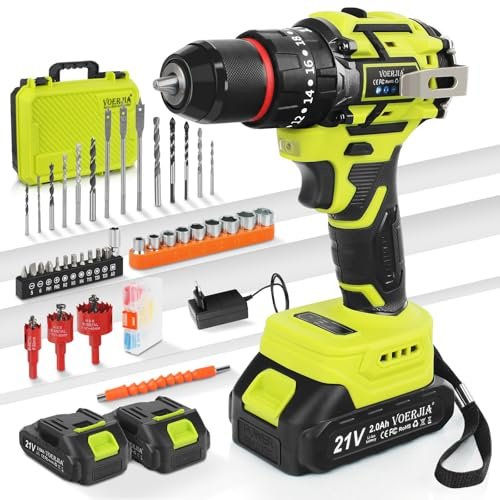 VOERJIA 21V Akkuschrauber Set, Bürstenlose Akku bohrhammer mit 2*2000 mAh Akku, 3/8 Bohrfutter, 20+3 Drehmoment, Max 65 N.m Akku Bohrmaschine, Led lichter & 2-Gang, 46PCS zubehör für elektrowerkzeuge