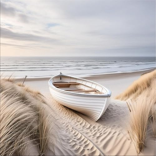 artissimo Bild aus Glas 50x50 cm Strand und Meer Boot in Dünen AG5568A – modernes Glasbild Wandbild Quadratisch, Wanddeko Wohnzimmer, beige, maritim skandinavisch