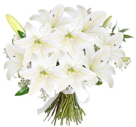 Künstliche Lilien, kurzer Stiel, künstliche Blumen mit 12 blühenden Blütenköpfen und 5 Knospen für Zuhause, Hochzeit, Büro, Party, Festival, Dekoration, Weiß, 5 Stück