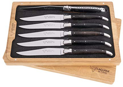 Laguiole en Aubrac Original 6 Steakmesser Ebenholz, Original aus Frankreich, mit Echtheits-Zertifikat und schöner Aufbewahrungsbox aus Holz
