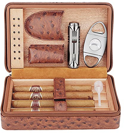 PIPITA Tragbarer Reise-Humidore,Eleganter Zigarren Humidore aus Leder mit Zedernholz-Auskleidung für 4 Zigarren mit Luftbefeuchter, Zigarrenanzünder und Zigarrenschneider (Enthält keine Zigarre)