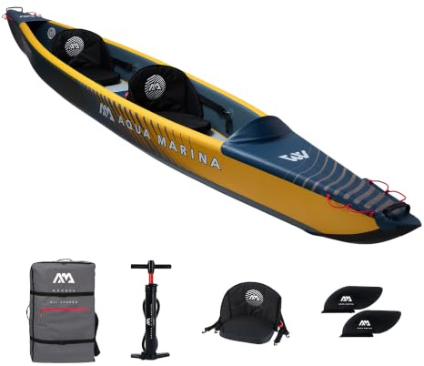 Aqua Marina Tomahawk AIR-K Hochdruck Drop-Stitch Premium Aufblasbares Kajak für 2 Personen 440 cm Länge Marine/Gelb