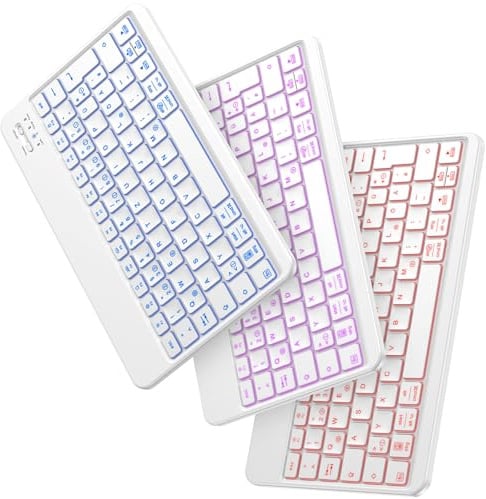 Emetok Deutsche Bluetooth Tastatur, 7-Farb-Beleuchtung für ipad, Weiß | Große Tastenkappen, tragbar kabellos, wiederaufladbar, für iPad Air/Pro/Mini/10.9/10.2/iPhone/Android–Reisen/Büro/Homeoffice