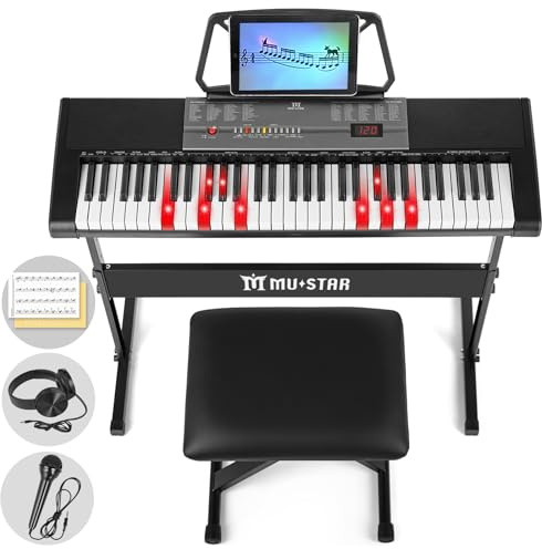 MUSTAR 61 Tasten Keyboard Piano Set mit Klavierhocker für Anfänger | E- Klavier Set mit Touchscreen, USB-MIDI, Kopfhörer, 300 Töne, Lautsprecher, 3 Lernmodi für Kinder und Erwachsene