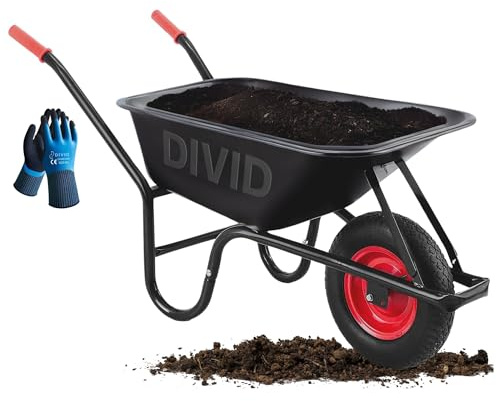 DIVID® Schubkarre 250Kg | 100Liter | Luftreifen mit Stahlfelgen | Schiebkarre | Bauschubkarre | Gartenschubkarre | Transportkarre mit robustem Stahlrahmen (Schwarz)