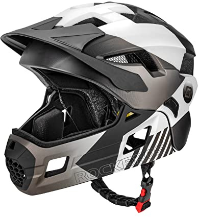 ROCKBROS Kinderhelm Integriert Fahrradhelm Kinder Jugend Fullface Helm mit Abnehmbarem Kinnschutz BMX MTB Downhill Helm, Titan (Abnehmbare krempe) S 48-52cm