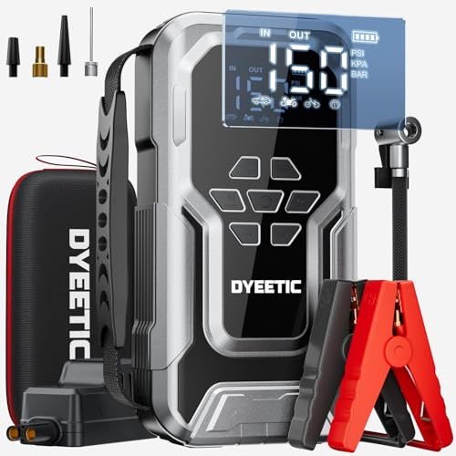 6000A Starthilfe Powerbank mit 150PSI Kompressor, 12V Auto Starthilfe Starter Tragbares Autobatterie Booster für Auto/Moto (alle Benzin und 10,0L Diesel Motoren), mit LED Taschenlampe QC3.0