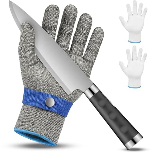 flintronic Schnittschutzhandschuh, Schnittschutzhandschuh aus Edelstahl mit 2 Baumwoll Handschuh, Level 9 Schnittfeste Handschuhe, Kettenhandschuh, Austernhandschuh, Küchenhandschuhe Schnittfest(L)