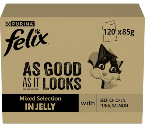 FELIX So gut wie es aussieht Nassfutter für Katzen Gemischte Vielfalt Vorteilspack, 120 praktische Portionsbeutel, zarte Stückchen in Gelee, 4 leckere Sorten, 100% vollständige Ernährung