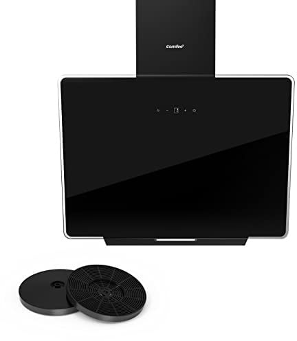 COMFEE' A+ Dunstabzugshaube 60cm CHK 3.6J64A1B Wandhaube aus gehärtetem Glas und Edelstahl mit Touchscreen, LED und Umluft- und Kanalsystem Wandmontierte Dunstabzugshaube, Schwarz