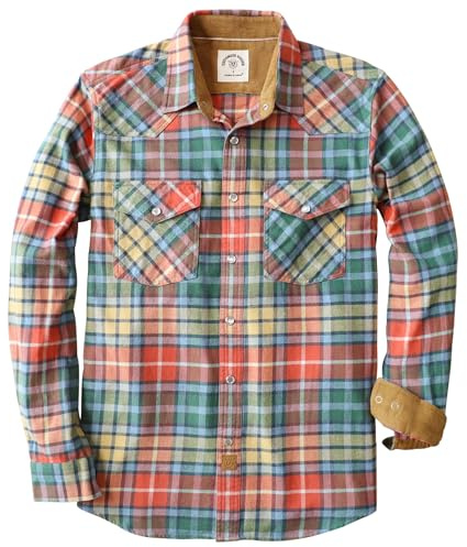 Dubinik® 6 oz Flanellhemd Herren Langarm Druckknopf Freizeithemden Western | Außen Cowboy, Zwei Taschen mit dem Hemd, Regular Fit, Reine Baumwolle, Arbeit und Alltag, Weich und Retro