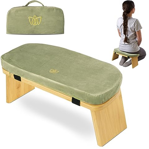Florensi Meditationsbank - Meditationsbank Klappbar - Ergonomischer Bambus Meditationshocker - Stabiler Meditationsstuhl mit Meditationskissen zum Knien & Sitzen - Tiefere & Längere Meditation