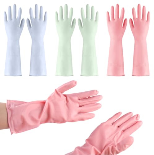 3 Paar Wiederverwendbare Gummi Haushaltshandschuhe, Gummihandschuhe M mit Rutschfestem Griff, Wasserdichte Rutschfeste Spülhandschuhe, Reinigungshandschuhe, für Küchenarbeit, Haushaltsreinigung