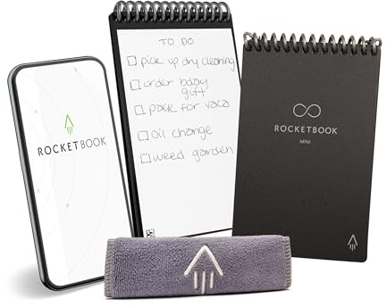 Rocketbook Mini wiederverwendbares smartes Notizbuch im Taschenformat 8,9 x 14 cm, Schwarz – 48 gepunktete Seiten, App-Konnektivität, löschbar, ideal für Listen und Notizen unterwegs