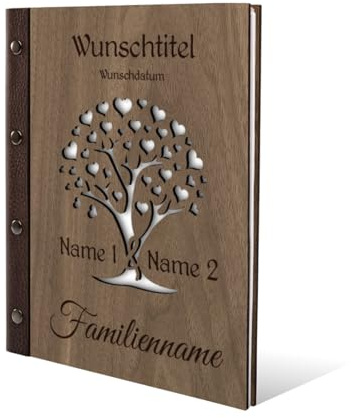 Kartenmachen.de Personalisiertes Stammbuch Hochzeit aus echtem Holz mit Leder Rücken A5 oder A4 inkl. vorgedruckten Seiten - Herzbaum