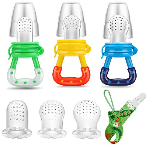 PandaEar Baby Fruchtsauger Schnuller für Obst Gemüse Brei| 3 Stück Obstschnuller für Babys ab 3 Monate und Kleinkind| Silikon Sauger in 3 Größen| Schnuller Beißring Training Spielzeug| BPA-frei