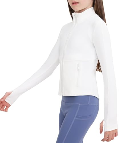 B&GCozy Leichte Sportjacke für Mädchen, durchgehender Reißverschluss, Yoga, Laufsport, Reitmantel mit Tasche, 6–15 Jahre, Weiss/opulenter Garten, 10-11 Jahre