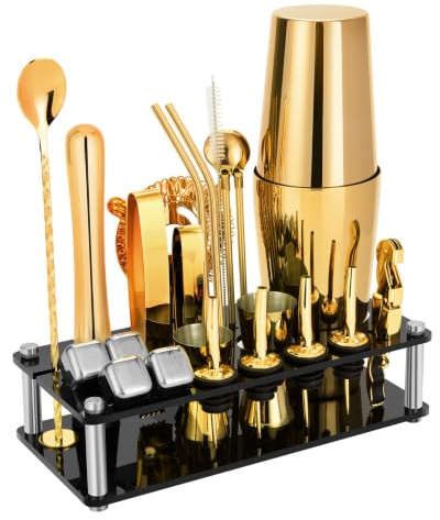 KINGROW Cocktail Shaker Set, 23‑teiliges mit Ständer, Boston, Gold | Barkeeper‑Set, rostbeständiges Bar‑Set ohne Auslaufen, spülmaschinenfest, inkl. 4 Whiskey‑Steinen, ideal für Hausbar & Party