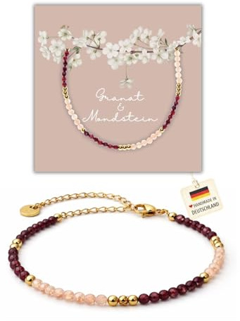 happymaker - Mondstein Armband mit Granat, Perlenarmband mit echten Edelsteinen und vergoldeter Edelstahl, handgefertigt, Geschenkverpackung, Heilsteine Armband