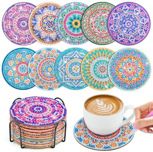 WuGU 10 Stück Diamond Painting Untersetzer mit Halter, Wiederverwendbare Glasuntersetzer, Diamant-Malsets, DIY Mandala-Muster für Anfänger, Erwachsene & Kinder,Küche Wohnzimmer Dekoratio