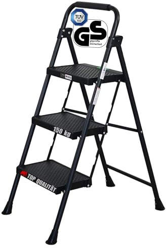 PROREGAL Sicherheits-Trittleiter mit 3 Stufen TÜV | XXL-Tritt 37x21cm, 5,7 kg leicht, klappbar Klappsicherung, bis 150 kg, schwarz, Leiter Klappleiter Haushaltsleiter Klapptritt