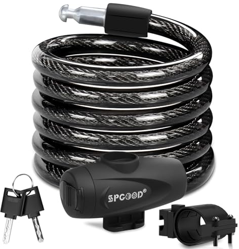 SPGOOD Fahrradschloss 120cm/12mm,Sicherheitsstufe Sehr Hoch Fahrrad Kabelschloss,Spiralkabelschloss mit 2 Schlüssel,Anti-Diebstahl Fahrradschloß für Fahrrad,Dreirad,Motorrader,Roller(Schwarz)