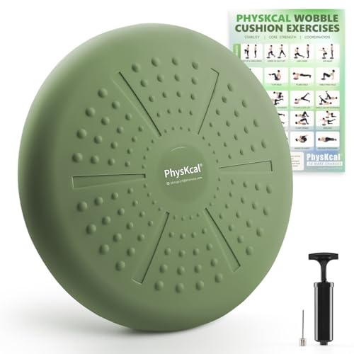 PhysKcal Balance Kissen Mit Pumpe, Comfy-Touch, 33cm Durchmesser, Wackel-Stabilitätskissen für Physiotherapie, Haltung Fitness und Flexibles Sitzen, Sensorisches Kissen inklusive Übung