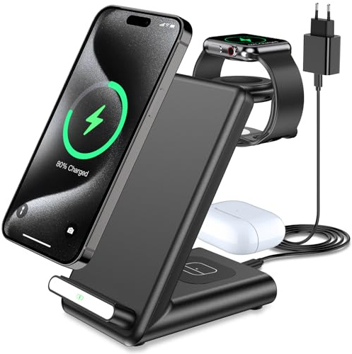3 in 1 Kabelloses Ladegerät, Induktive Ladestation für iPhone 17 16 Pro Max/15 14 13 12 11 Serie/17 Air/16e/XS, Schnelles Ladeständer für Apple Watch Ultra 11 10 9 8 7 6 SE 5 4 3 und Air-Pods Pro 3/4