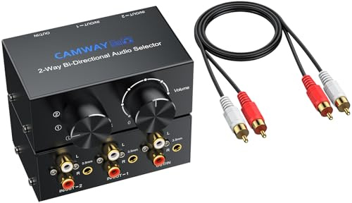 CAMWAY 2(1) In-1(2) Out RCA L/R + 3,5mm Stereo Audio Umschalter | Bidirektionaler Audio Switch mit Lautstärke-/ Off Schaltknopf, Audio switch für Lautsprecher Kopfhörer Verstärker CD-Player