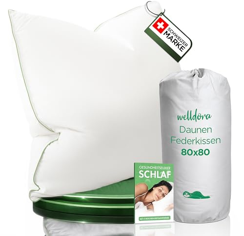 Welldora Premium Kopfkissen 80x80 | 100% natürliche Daunenfasern & Federn | Ergonomisch optimiert 3 Kammern Nackenstützkissen | Mittelfestes Kissen fachärztlich geprüft, Oeko-Tex zert. in Deutschland