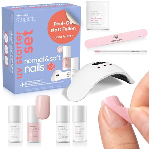 alessandro Striplac UV Nagellack Set - Normale & Weiche Nägel - Bis zu 15 Tage Halt ohne Absplittern - Leichtes Entfernen - Schonend & Vegan - Inkl. LED-Lampe