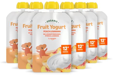 Amazon-Marke: Mama Bear Bio Zubereitung aus Joghurterzeugnis Pfirsich, Banane und Joghurt, Vegetarisch, 90g (6er-Pack)