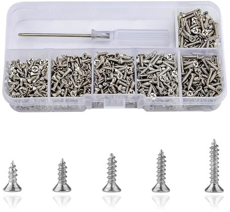 Roosea 1000 Stück Kleine Selbstschneidende Schrauben Metall M2 Holzschrauben Mini Kreuzschlitzschrauben Flachkopf Blechschrauben Set mit Schraubendreher, Silberne, 5-10mm