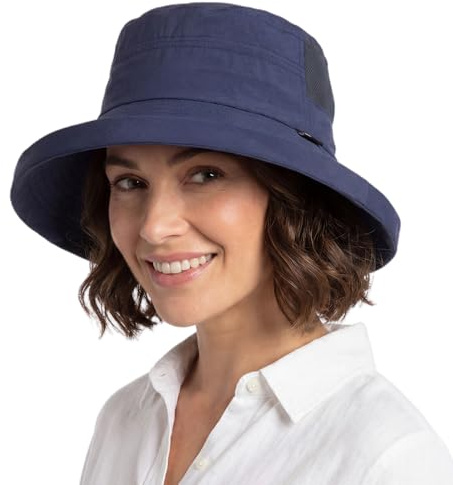 TOP-EX UPF 50 Sonnenhüte Damen mit Pferdeschwanz, Breiter Krempe Fischerhut für UV-Schutz, Wasserdicht regenhut, Kinnriemen, Atmungsaktiv Sommer-Mesh, Faltbar, Safari, Strand, Gärtner, Marineblau L
