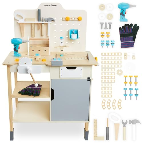mamabrum, große Holzwerkstatt mit Werkzeugen XXL – Bausatz, 74 Elemente, Arbeitstisch, Bohrmaschine werkbank Kinder ab 2 Jahre werkbank Kinder