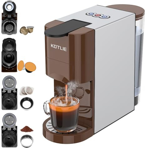 KOTLIE Espresso Kaffeemaschine, 4 in1 Kaffeemaschine für NES/DG/Mehl/ESE(44mm) Kapsel Espressomaschine, 19 Bar(BRAUN)