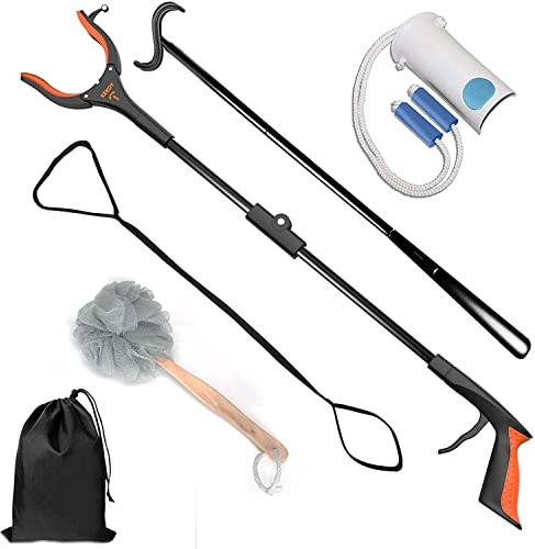 Knie Hüft-Op Reha Sets, 6 Stück Anziehhilfen einschließlich 80 cm-Faltbare Greifer, Schuhlöffel, Anziehhilfen-Stock, Sockenanziehhilfe, Beinhebergurt, Badeschwamm