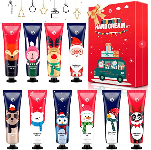 10 Stück Mini Handcremes Set mit Pflanzen Duft | Intensive Feuchtigkeitscreme für trockene und rissige Hände, Pflege Geschenkset Weihnachten für Frauen und Männer