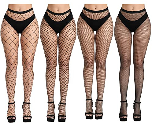 CHRORINE Set mit 2/4/8 Netzstrümpfen für Damen - Strumpfhosen mit hoher Taille - 2/4 Stile, Schwarz , One size